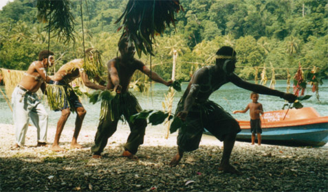 Santa Cruz, Solomon Islands locals dancing at the departure ceremony for Nauru.