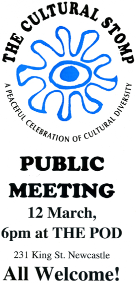 Flyer for Community Meeting to Organise Cultural Stomp in 1998.