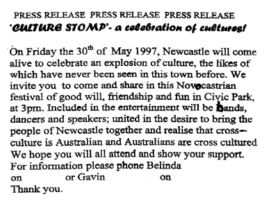 First Press Release for Cultural Stomp, 1997