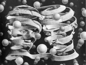 M C Escher - "Ambidextrous Peeled Faces"